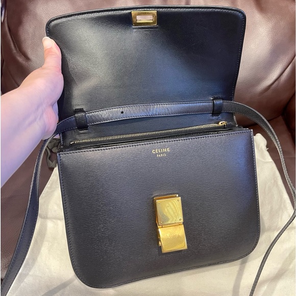 Celine Classic Box Triomphe Medium Calf leather black flap bag canvas handbag - Picture 4 of 16